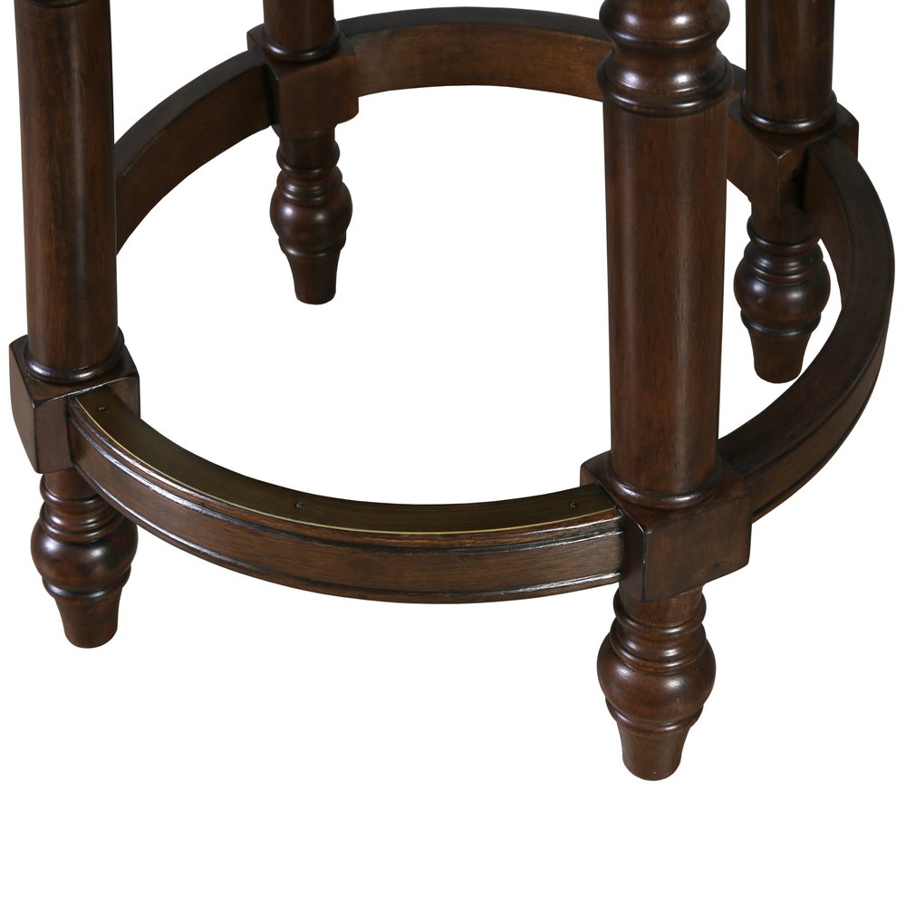 26" Dark Brown And Walnut Faux Leather And Solid Wood Counter Height Swivel Bar Chair