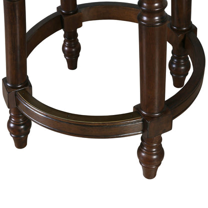 26" Dark Brown And Walnut Faux Leather And Solid Wood Counter Height Swivel Bar Chair