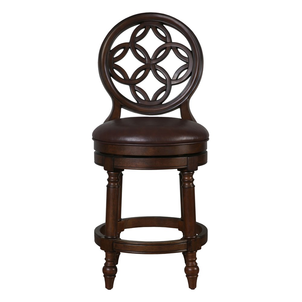 26" Dark Brown And Walnut Faux Leather And Solid Wood Counter Height Swivel Bar Chair