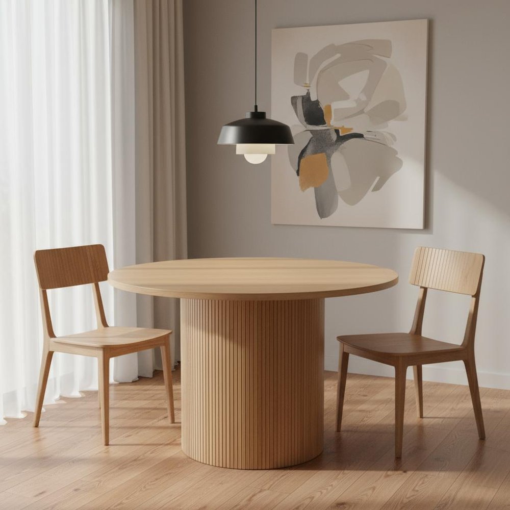 47" Brown Solid Wood Pedestal Base Round Top Dining Table