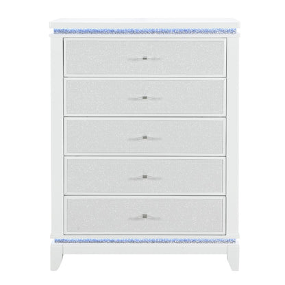 36" White Faux Crystal Glitter Wood Lighted Five Drawer Dresser
