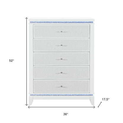 36" White Faux Crystal Glitter Wood Lighted Five Drawer Dresser