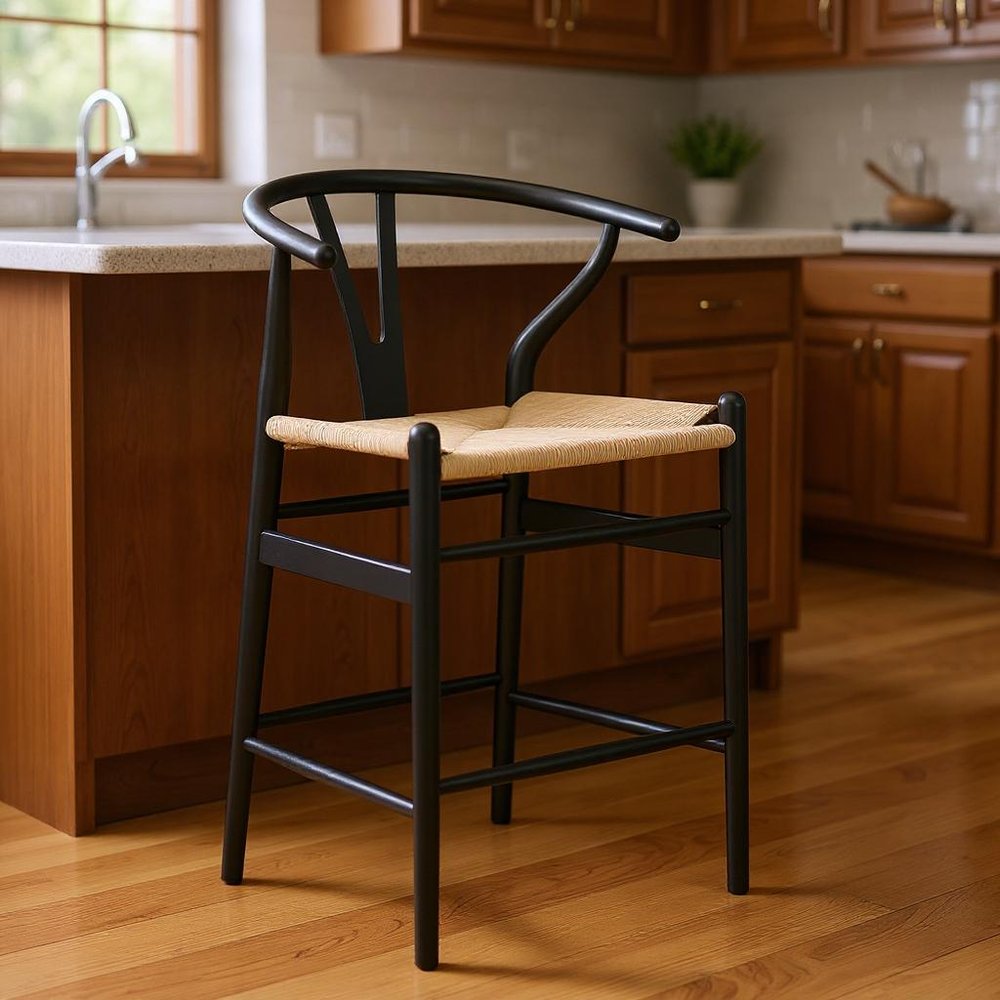 Set of Two 27" Beige And Black Solid Wood Counter Height Bar Chairs
