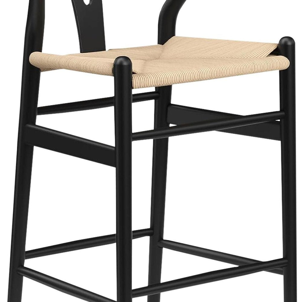 Set of Two 27" Beige And Black Solid Wood Counter Height Bar Chairs