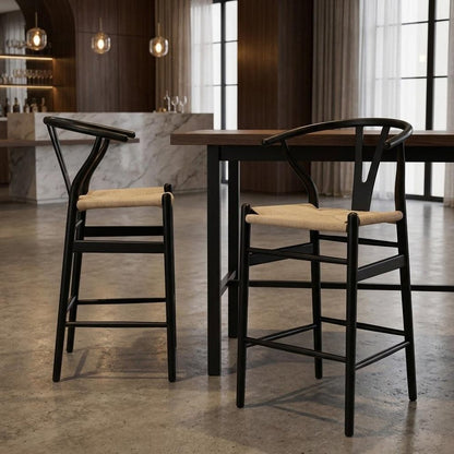 Set of Two 27" Beige And Black Solid Wood Counter Height Bar Chairs