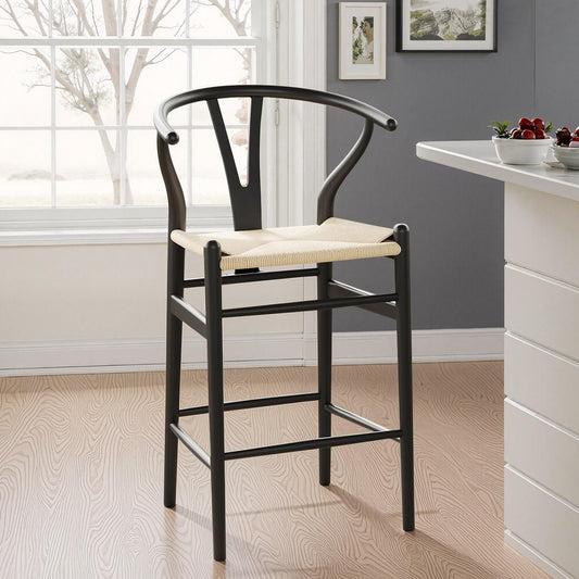 Set of Two 27" Beige And Black Solid Wood Counter Height Bar Chairs