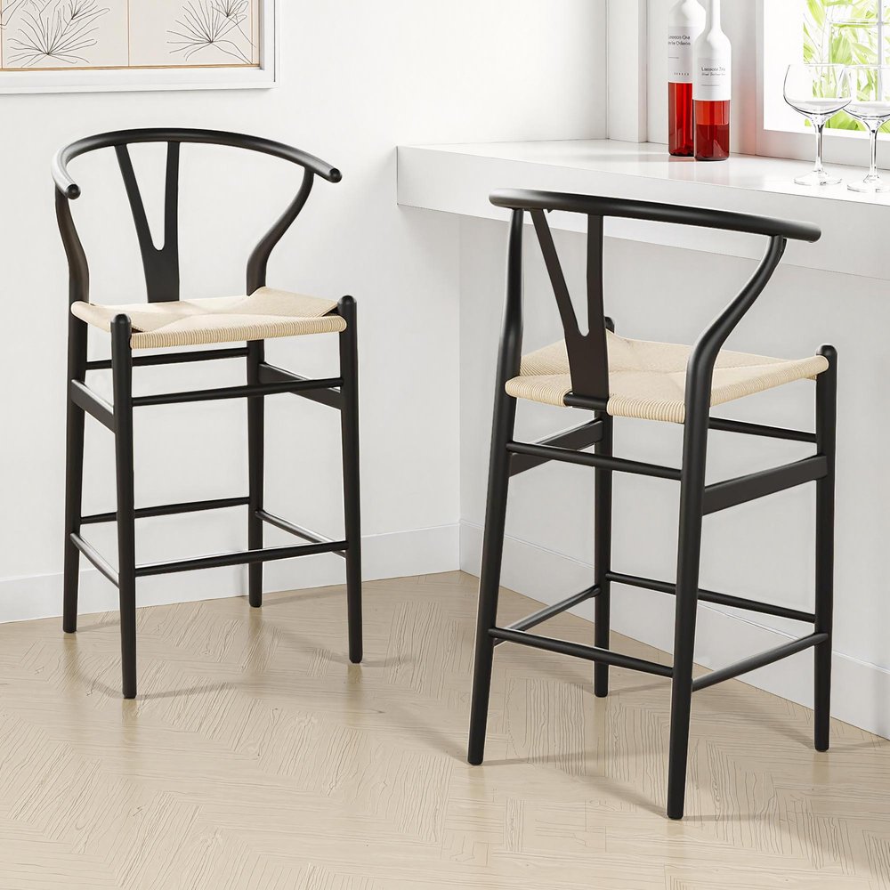Set of Two 27" Beige And Black Solid Wood Counter Height Bar Chairs