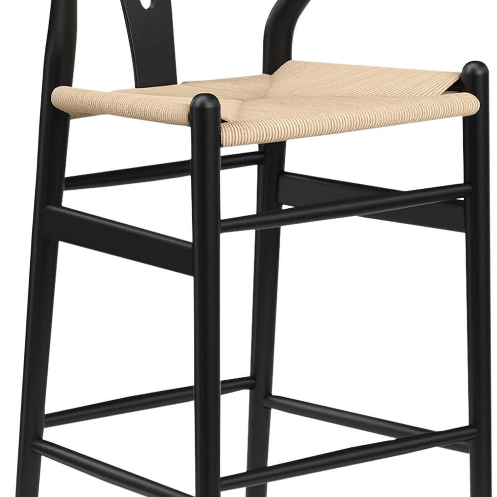Set of Two 27" Beige And Black Solid Wood Counter Height Bar Chairs