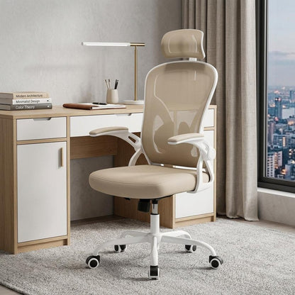 Beige and White Adjustable Height Swivel Rolling Executive Office Chair