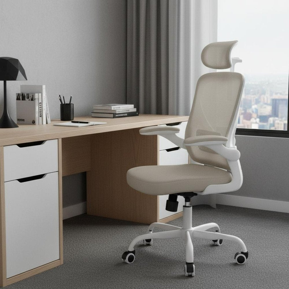 Beige And White White And Black Swivel Rolling Office Chair