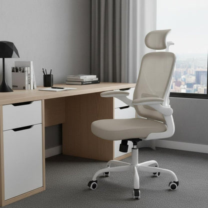 Beige And White White And Black Swivel Rolling Office Chair