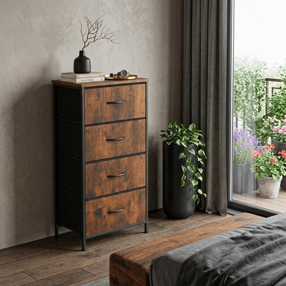 18" Black And Brown Fabric Wood And Metal Four Drawer Dresser