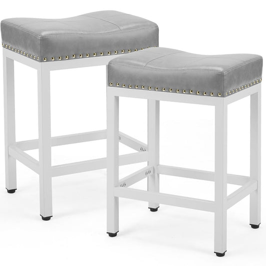 Set of Two 22" Gray And White Faux Leather And Steel Backless Bar Chairs