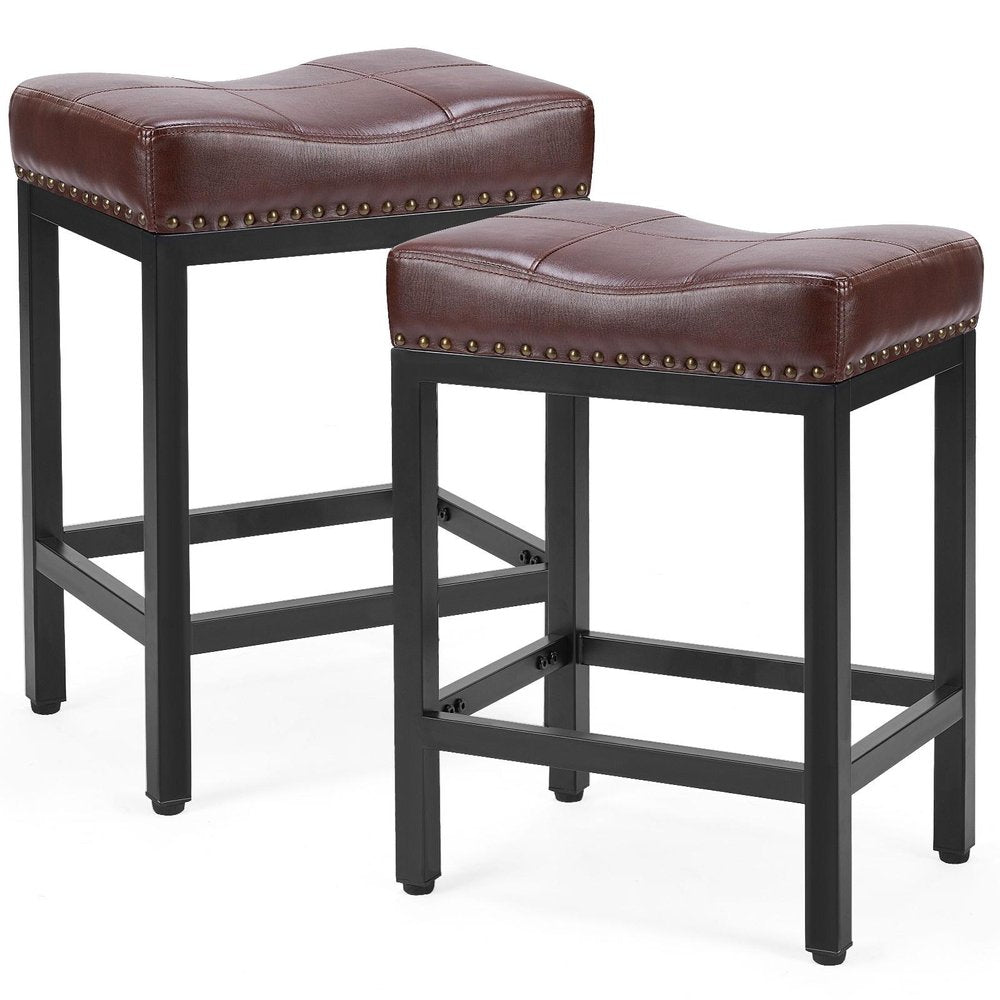 Set of Two 22" Brown And Black Faux Leather And Steel Backless Bar Chairs