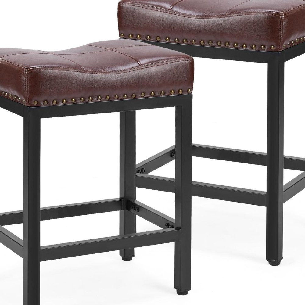 Set of Two 22" Brown And Black Faux Leather And Steel Backless Bar Chairs