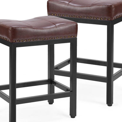 Set of Two 22" Brown And Black Faux Leather And Steel Backless Bar Chairs