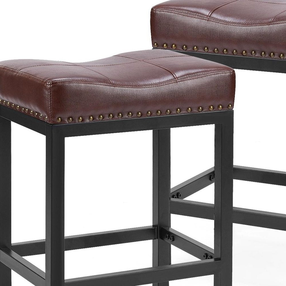 Set of Two 22" Brown And Black Faux Leather And Steel Backless Bar Chairs