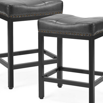 Set of Two 22" Black Faux Leather And Steel Backless Bar Chairs