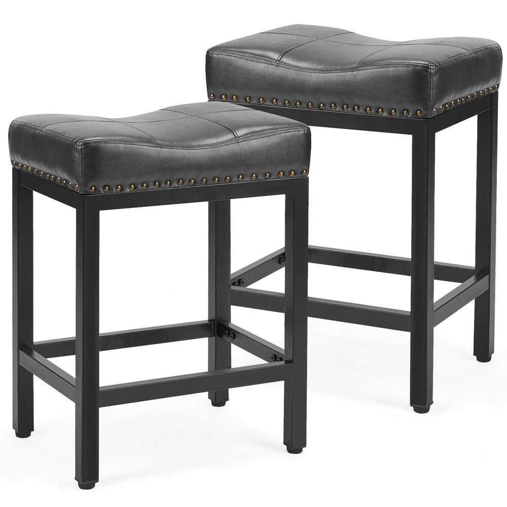 Set of Two 22" Black Faux Leather And Steel Backless Bar Chairs