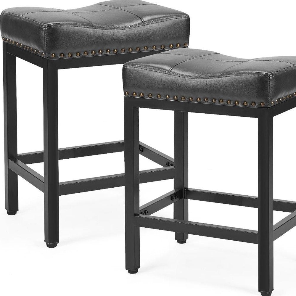 Set of Two 22" Black Faux Leather And Steel Backless Bar Chairs