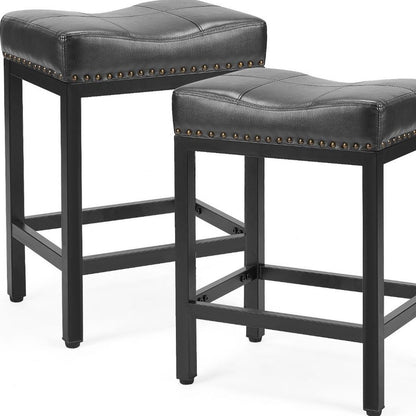 Set of Two 22" Black Faux Leather And Steel Backless Bar Chairs