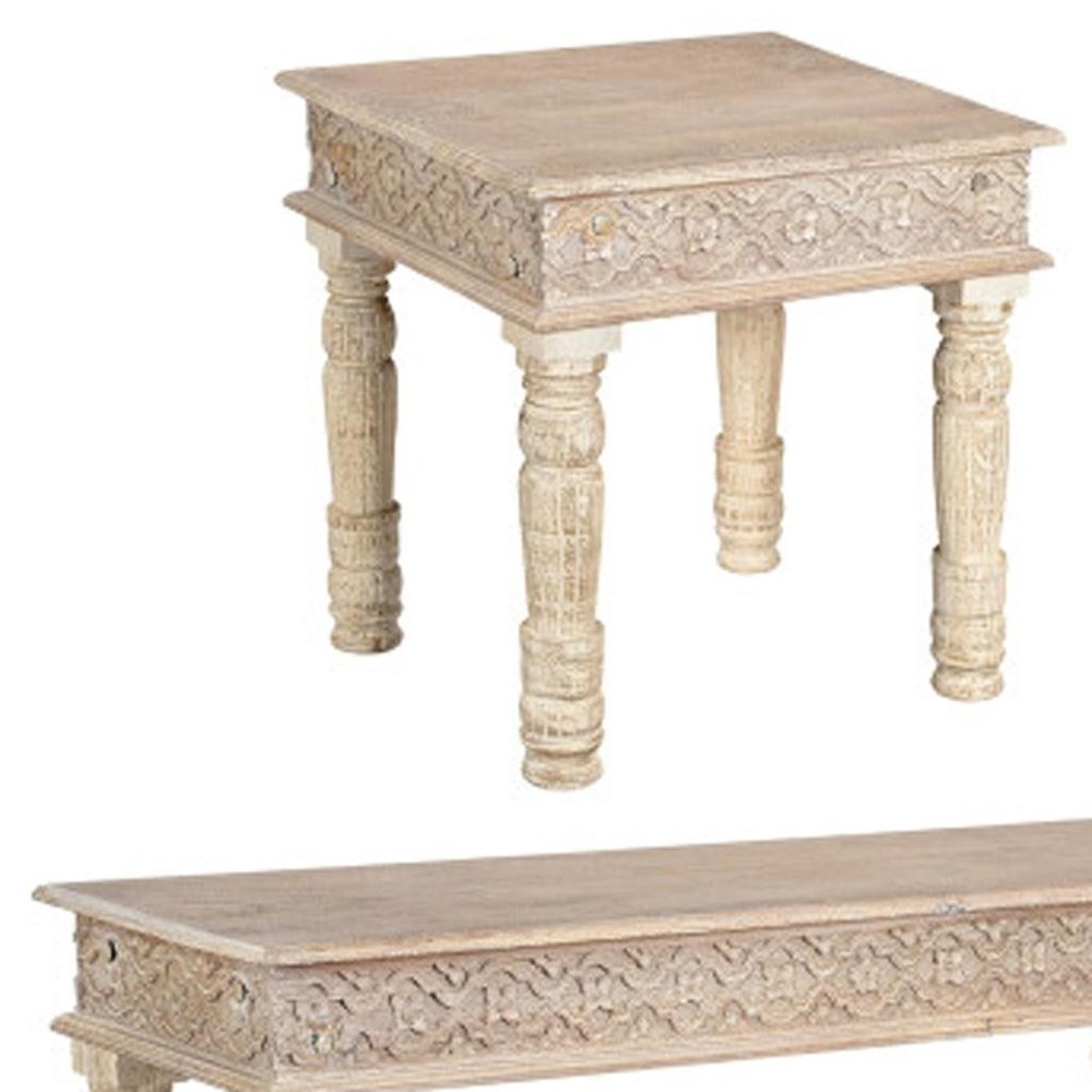 Set Of Three Natural Solid Wood Distressed Coffee Table