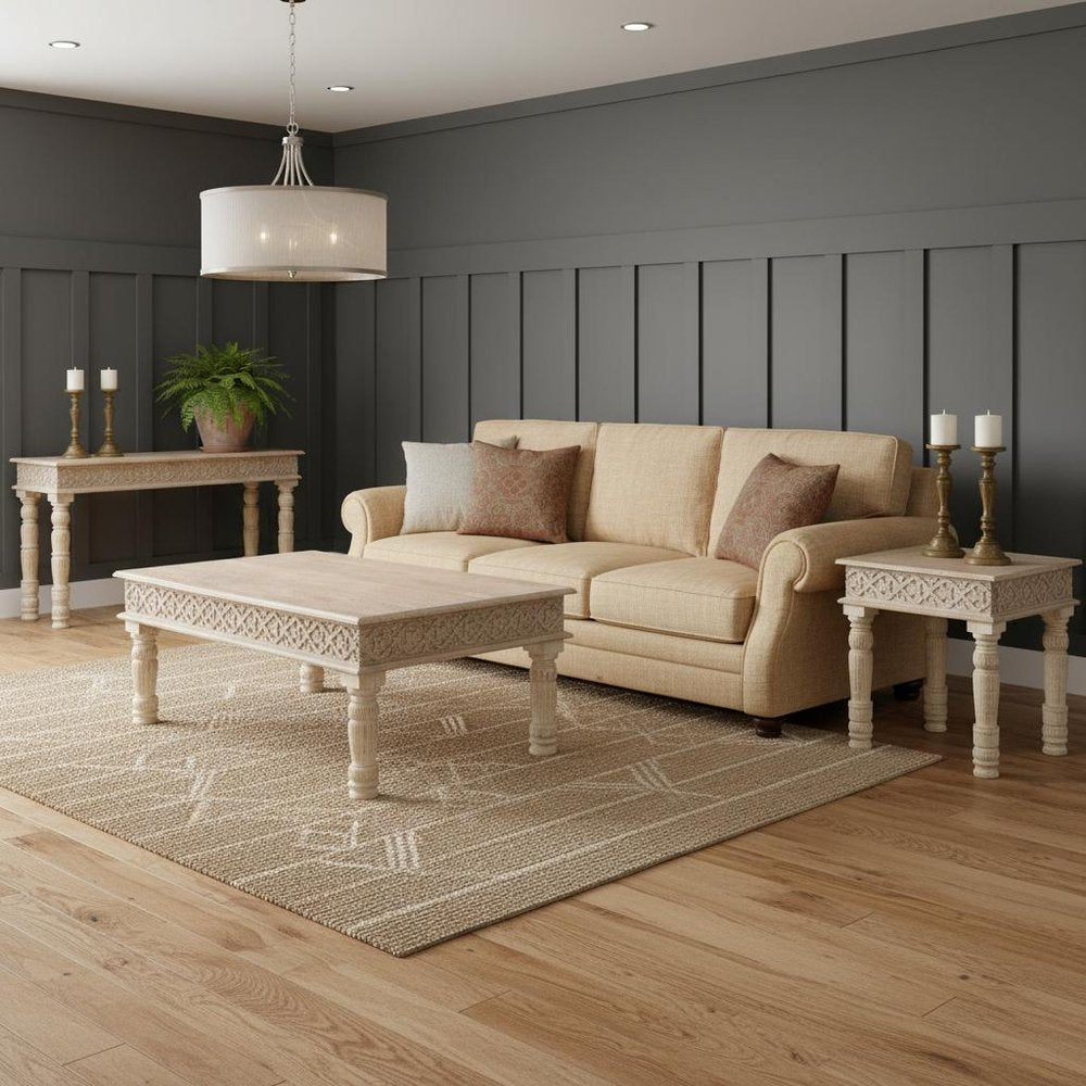 Set Of Three Natural Solid Wood Distressed Coffee Table