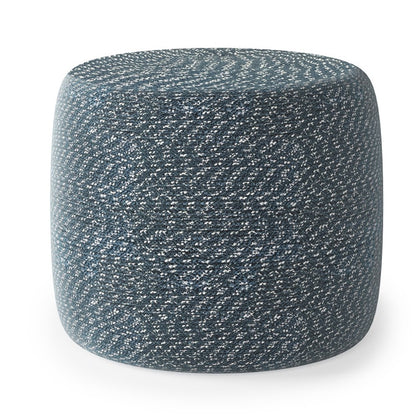 20" Blue and White Cotton Abstract Round Pouf Ottoman