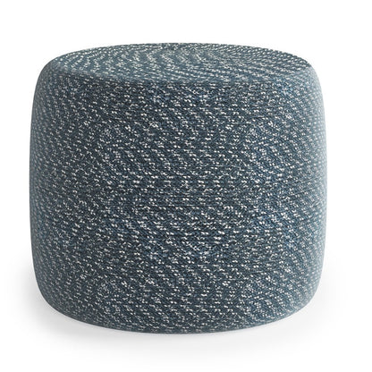 20" Blue and White Cotton Abstract Round Pouf Ottoman