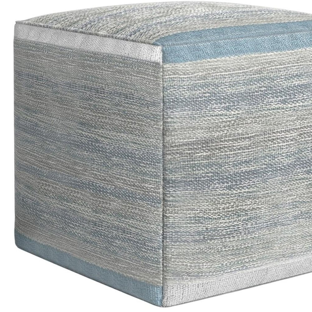 16" Blue Gray and Off White Cotton Abstract Cube Pouf Ottoman