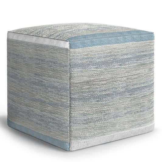 16" Blue Gray and Off White Cotton Abstract Cube Pouf Ottoman