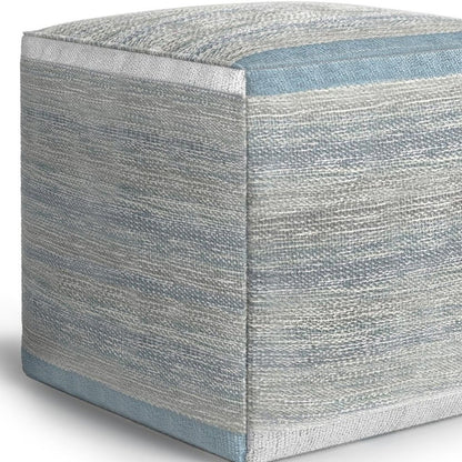 16" Blue Gray and Off White Cotton Abstract Cube Pouf Ottoman