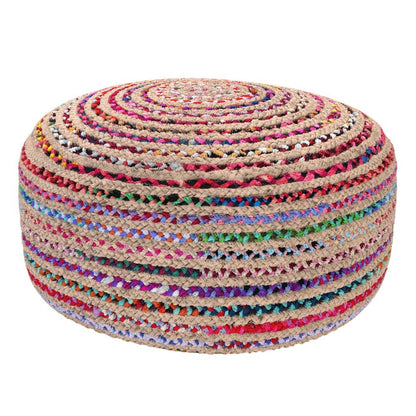 30" Blue Natural and Red Jute and Cotton Striped Round Pouf Ottoman