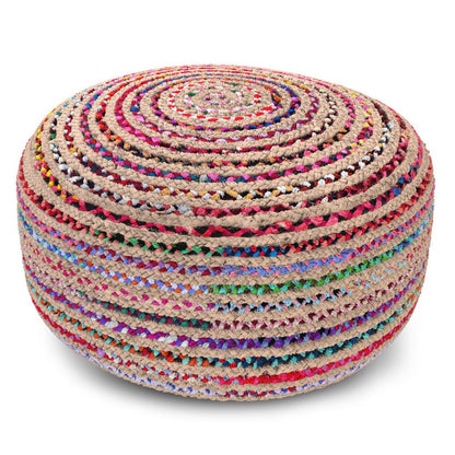 30" Blue Natural and Red Jute and Cotton Striped Round Pouf Ottoman