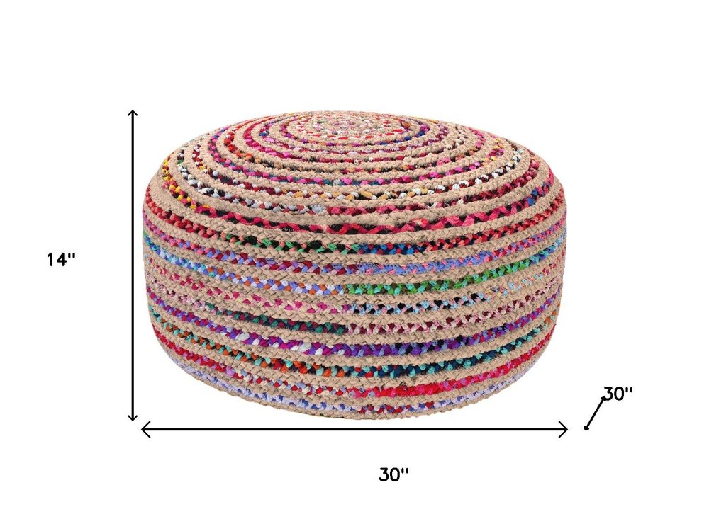 30" Blue Natural and Red Jute and Cotton Striped Round Pouf Ottoman