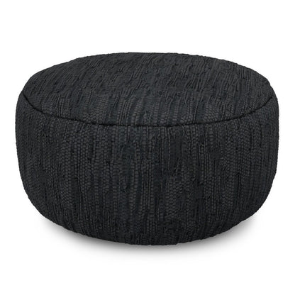 30" Black Genuine Leather Round Pouf Ottoman
