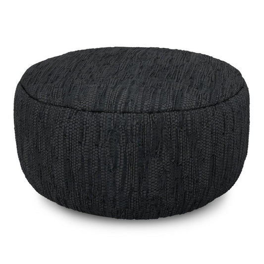 30" Black Genuine Leather Round Pouf Ottoman