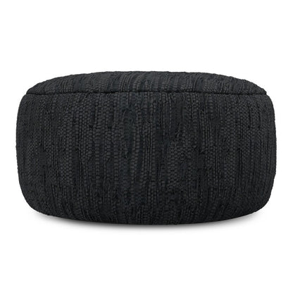 30" Black Genuine Leather Round Pouf Ottoman