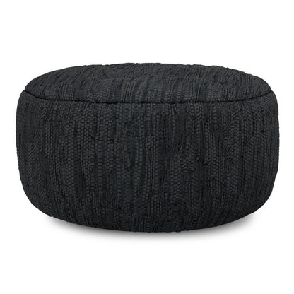 30" Black Genuine Leather Round Pouf Ottoman
