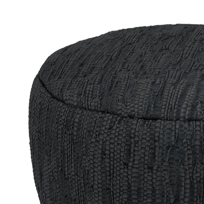 30" Black Genuine Leather Round Pouf Ottoman