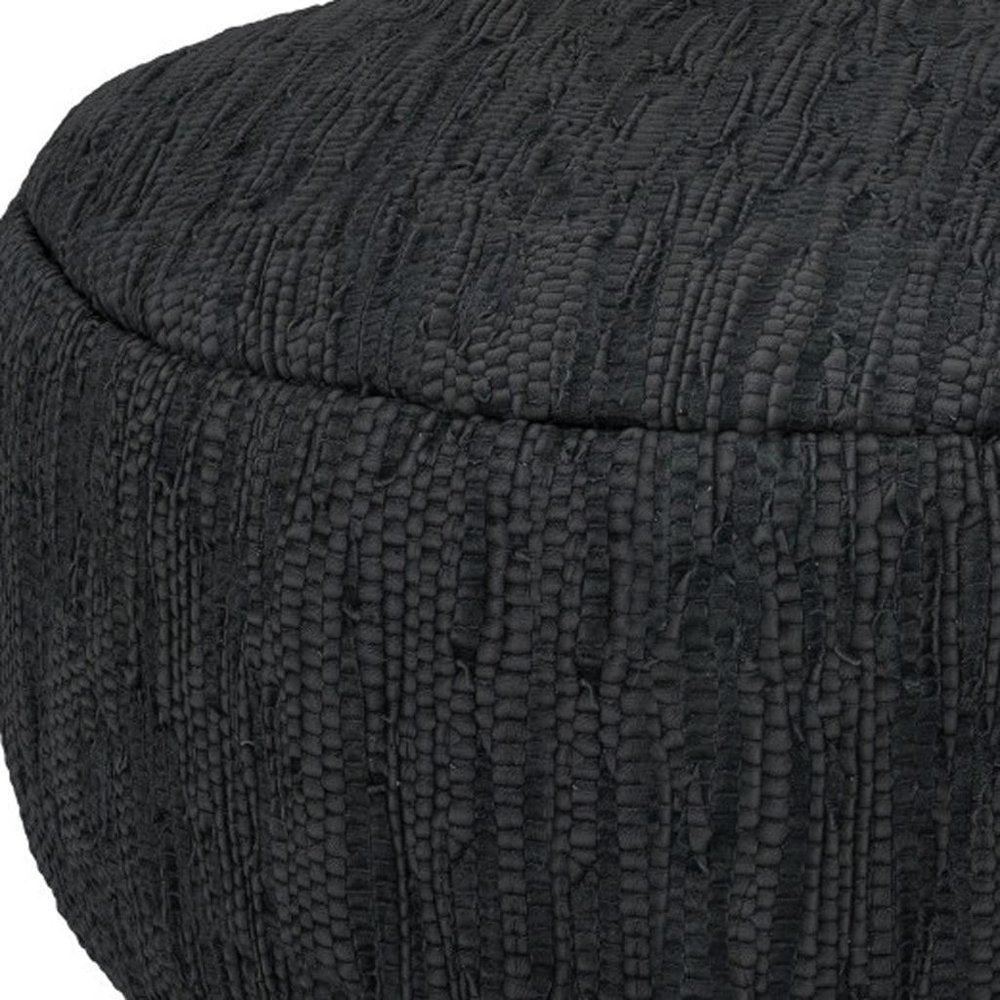 30" Black Genuine Leather Round Pouf Ottoman