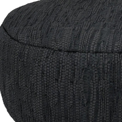 30" Black Genuine Leather Round Pouf Ottoman