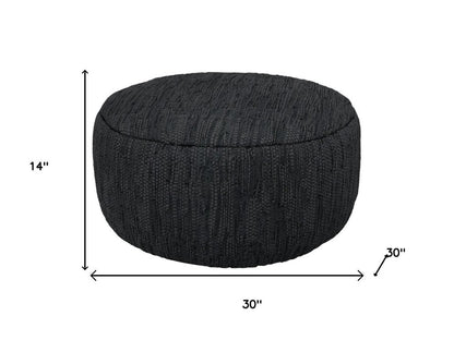 30" Black Genuine Leather Round Pouf Ottoman