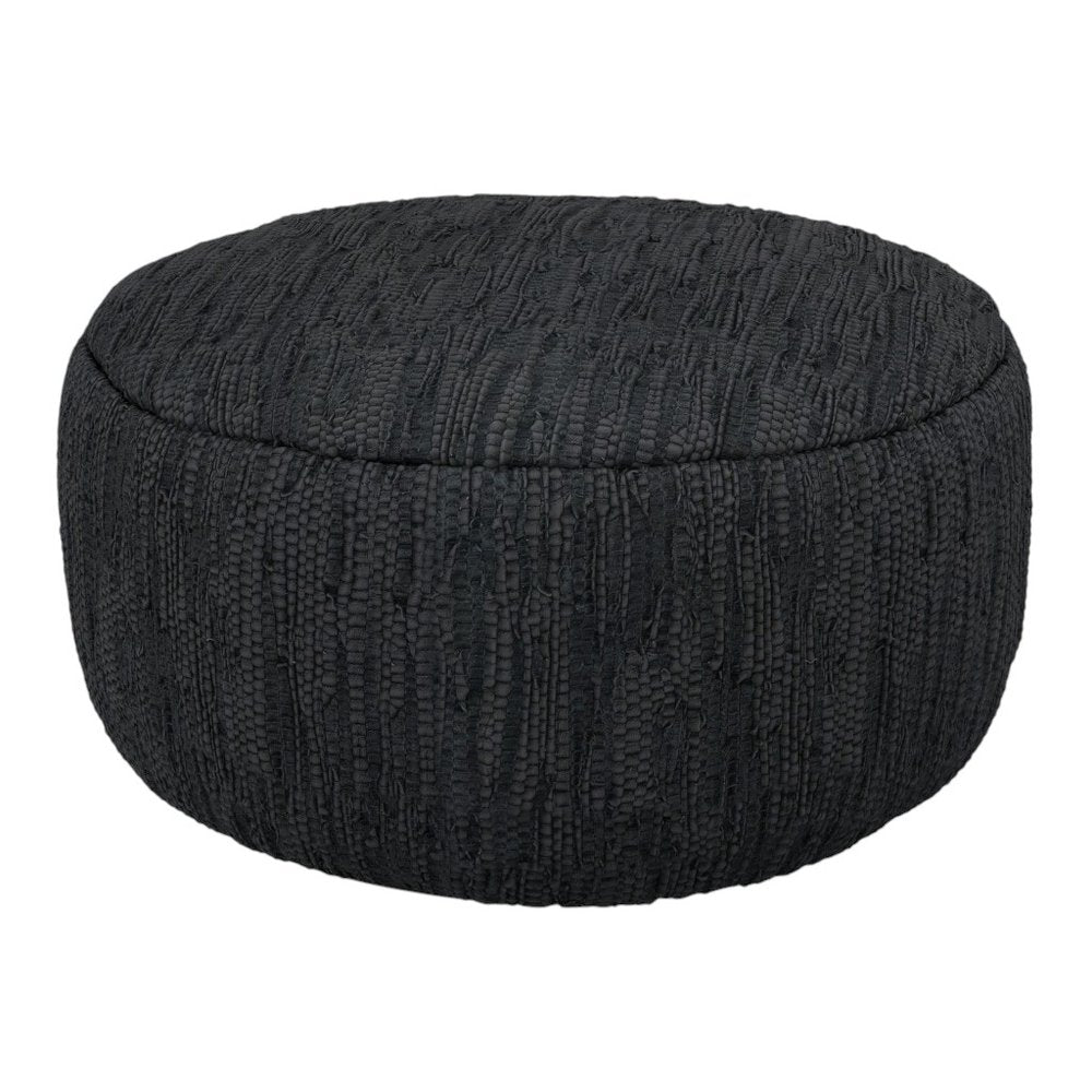 30" Black Genuine Leather Round Pouf Ottoman