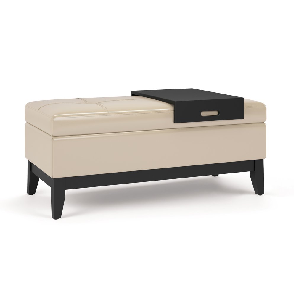 42" Saddle Brown and Dark Brown Tufted Faux Leather and Solid Wood Upholstered Storage Bench With Tray