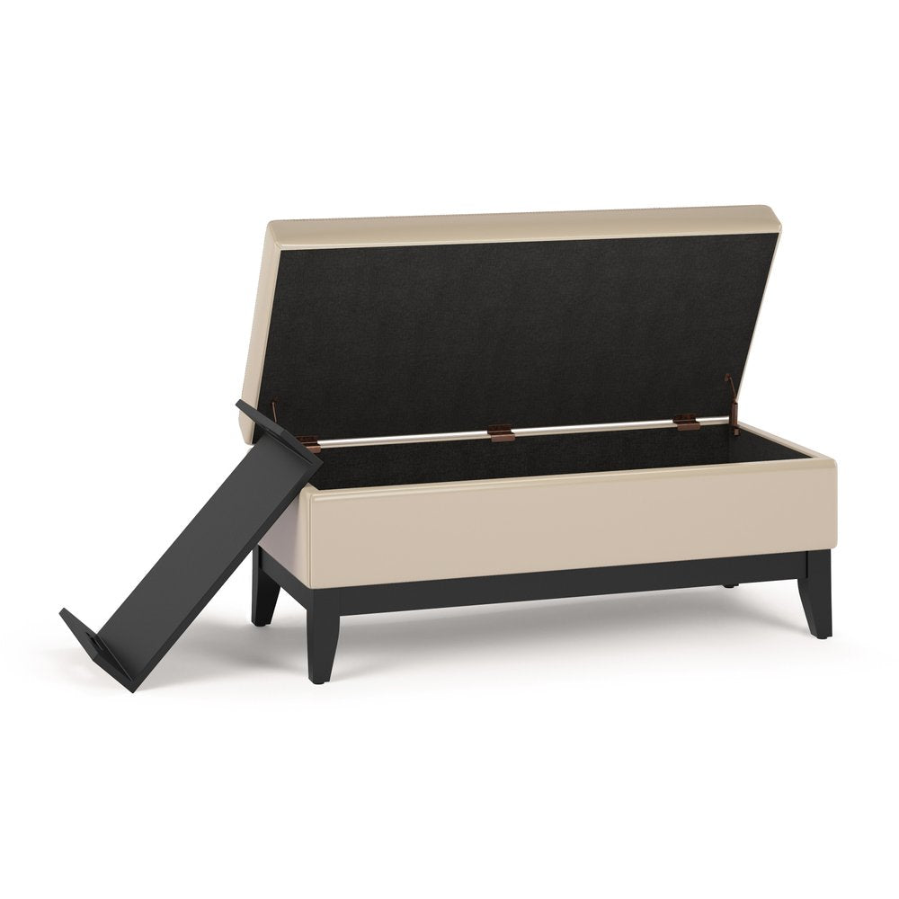 42" Saddle Brown and Dark Brown Tufted Faux Leather and Solid Wood Upholstered Storage Bench With Tray