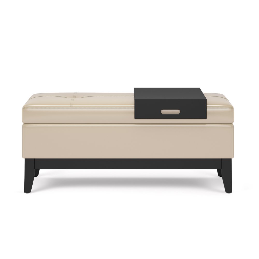 42" Saddle Brown and Dark Brown Tufted Faux Leather and Solid Wood Upholstered Storage Bench With Tray