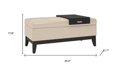 42" Saddle Brown and Dark Brown Tufted Faux Leather and Solid Wood Upholstered Storage Bench With Tray