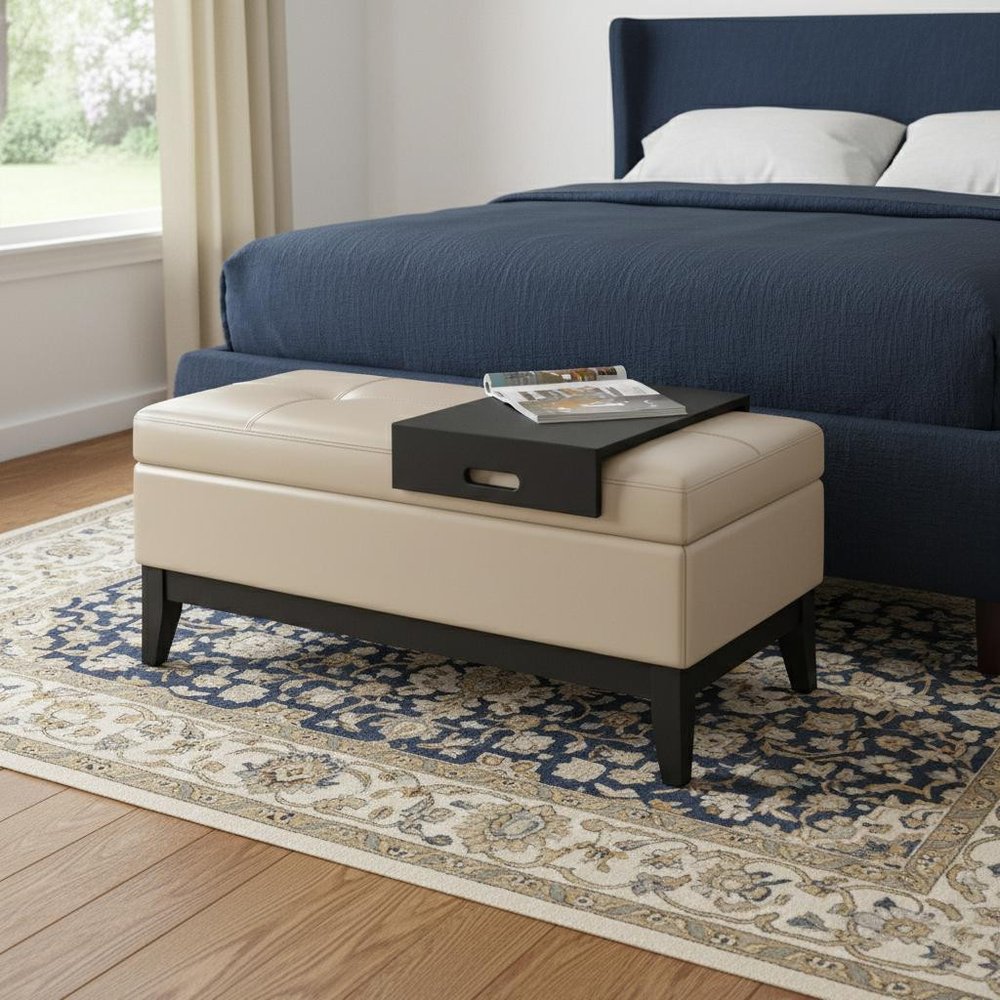 42" Saddle Brown and Dark Brown Tufted Faux Leather and Solid Wood Upholstered Storage Bench With Tray