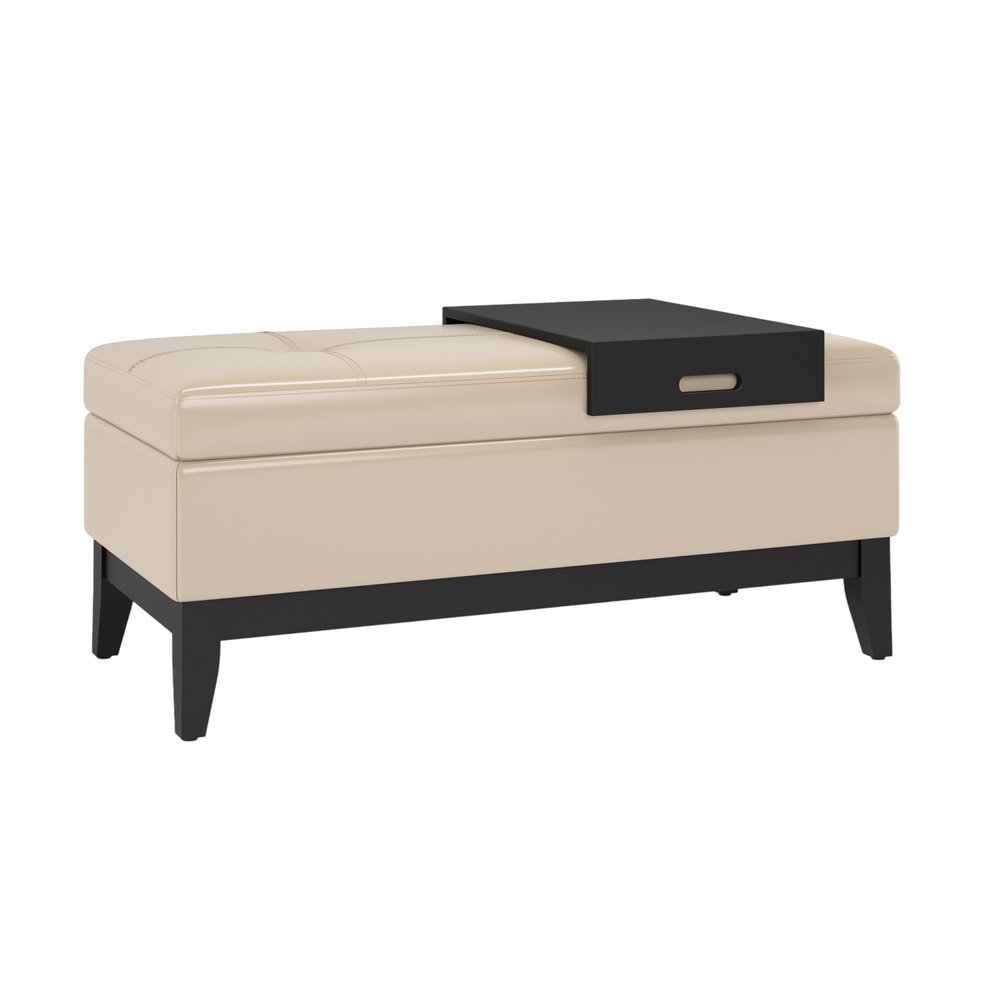 42" Saddle Brown and Dark Brown Tufted Faux Leather and Solid Wood Upholstered Storage Bench With Tray